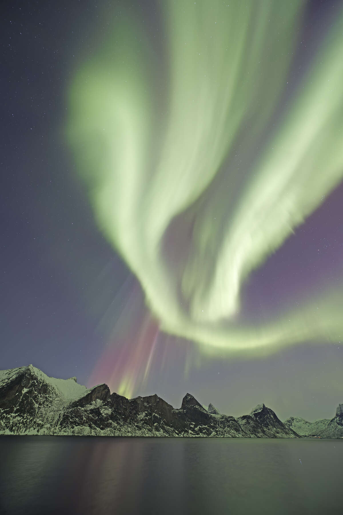 aurores boréales vertes dans le ciel nocturne au-dessus des montagnes enneigées en Norvège