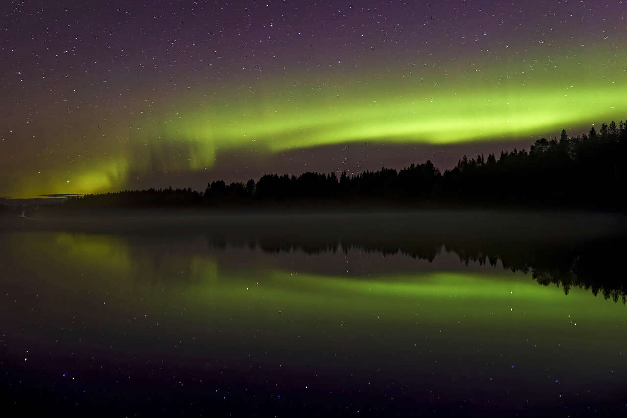 Aurores boréales vertes illuminant le ciel étoilé au-dessus d’un lac en Laponie Finlande