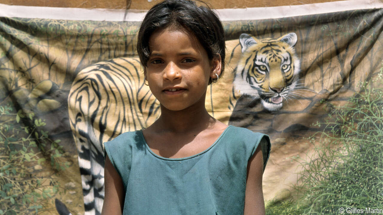 Jeune habitante d’un village du Madhya Pradesh et représentation du tigre du Bengale