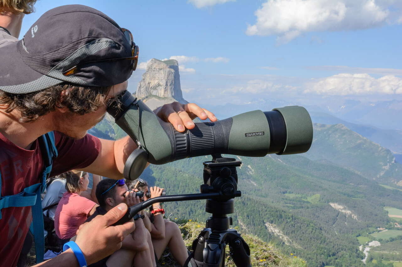 Observation de la faune à la longue-vue face au mont Aiguille dans le Vercors