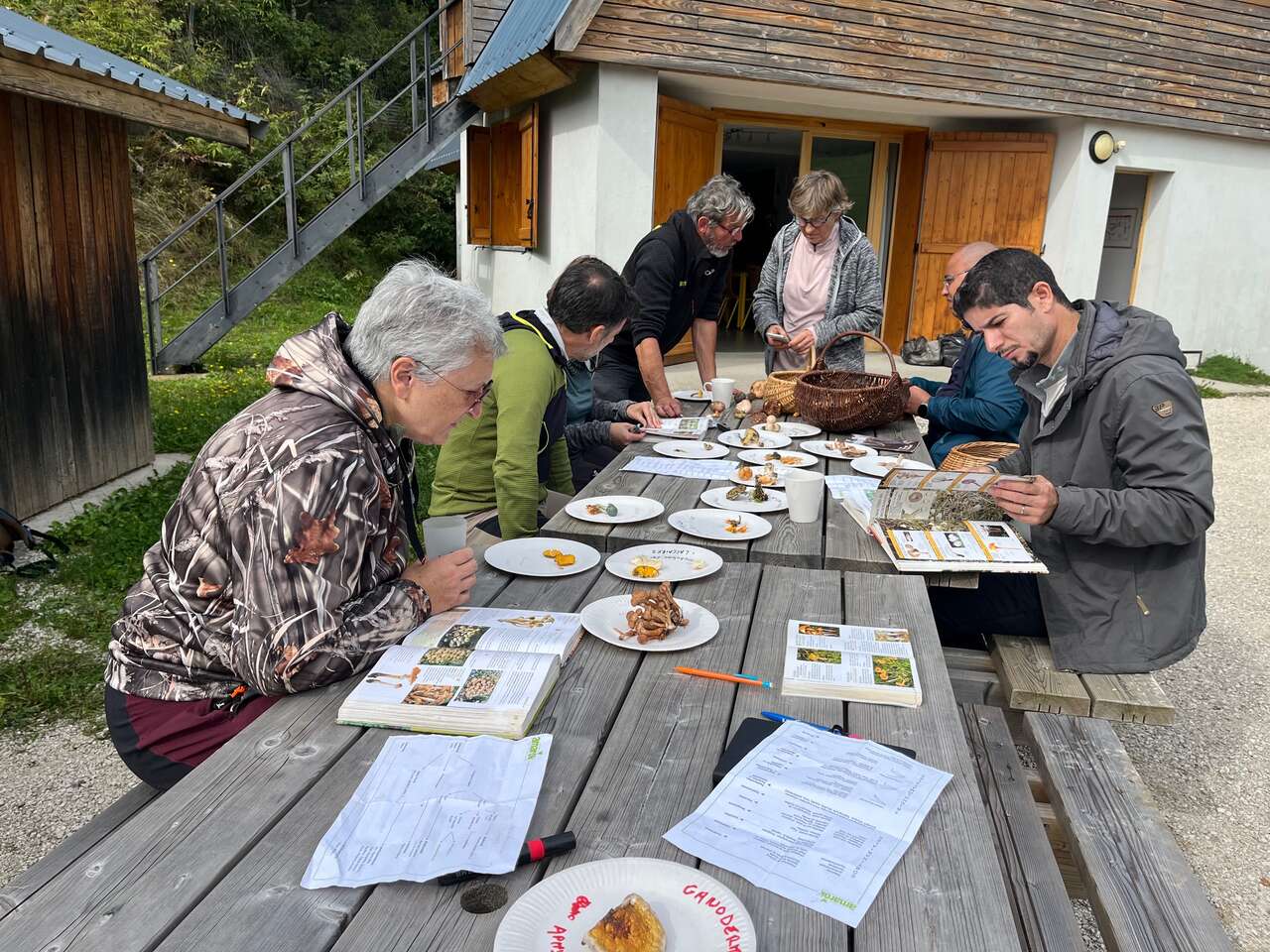 participants d'un stage étudiant des champignons avec guides et ouvrages