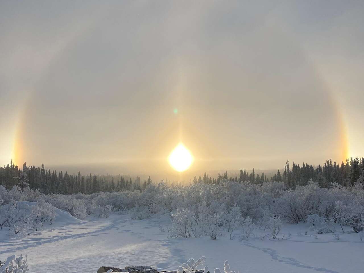 Paysage enneigé du Yukon au coucher du soleil