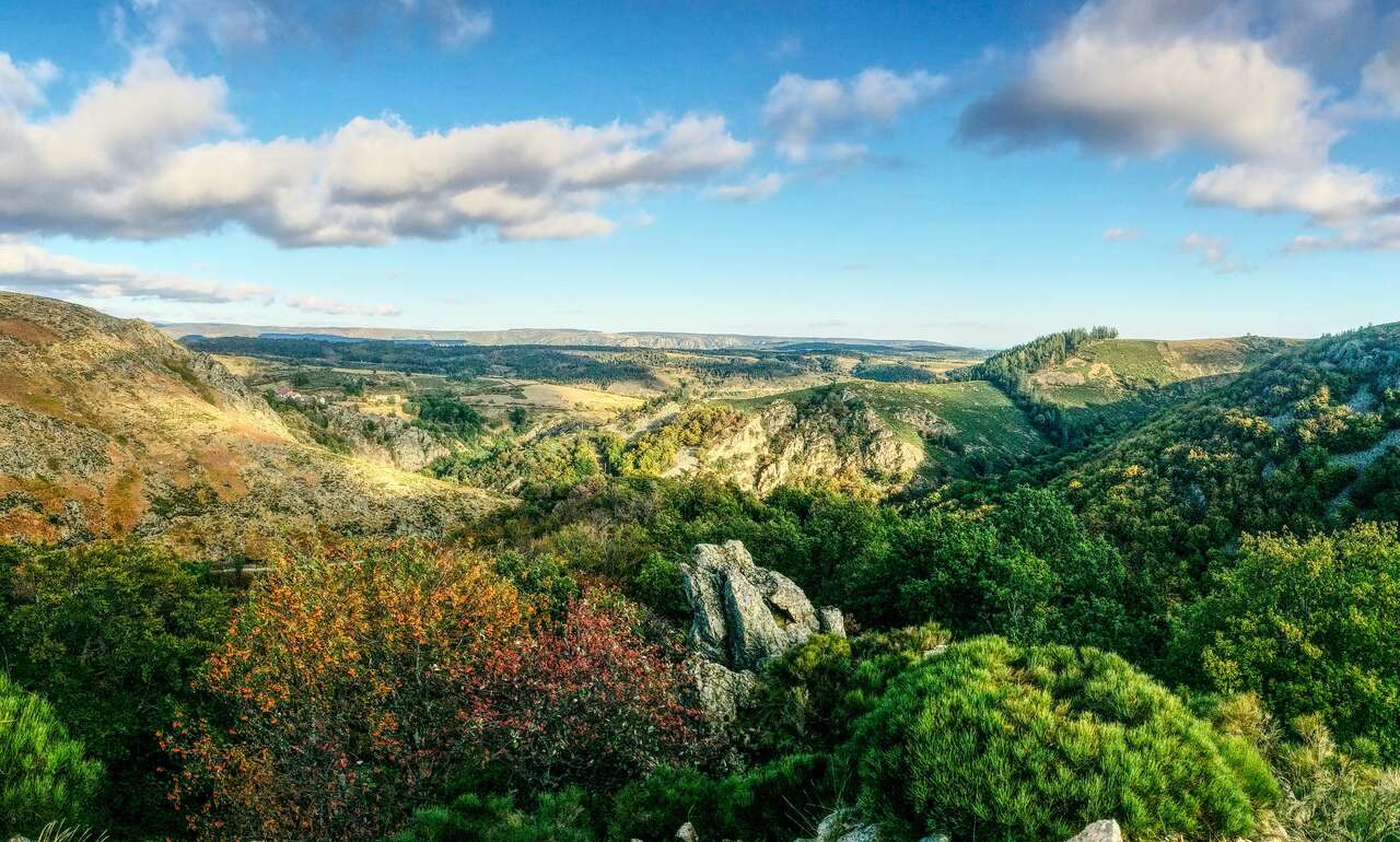 Paysage sauvage de montagnes ardéchoises, entre affleurements rocheux, forêts et landes verdoyantes