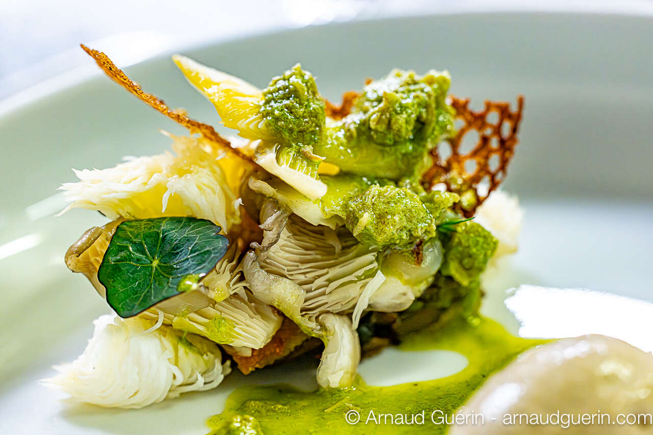 Plat gastronomique aux champignons et herbes sauvages, cuisine de la forêt en Normandie