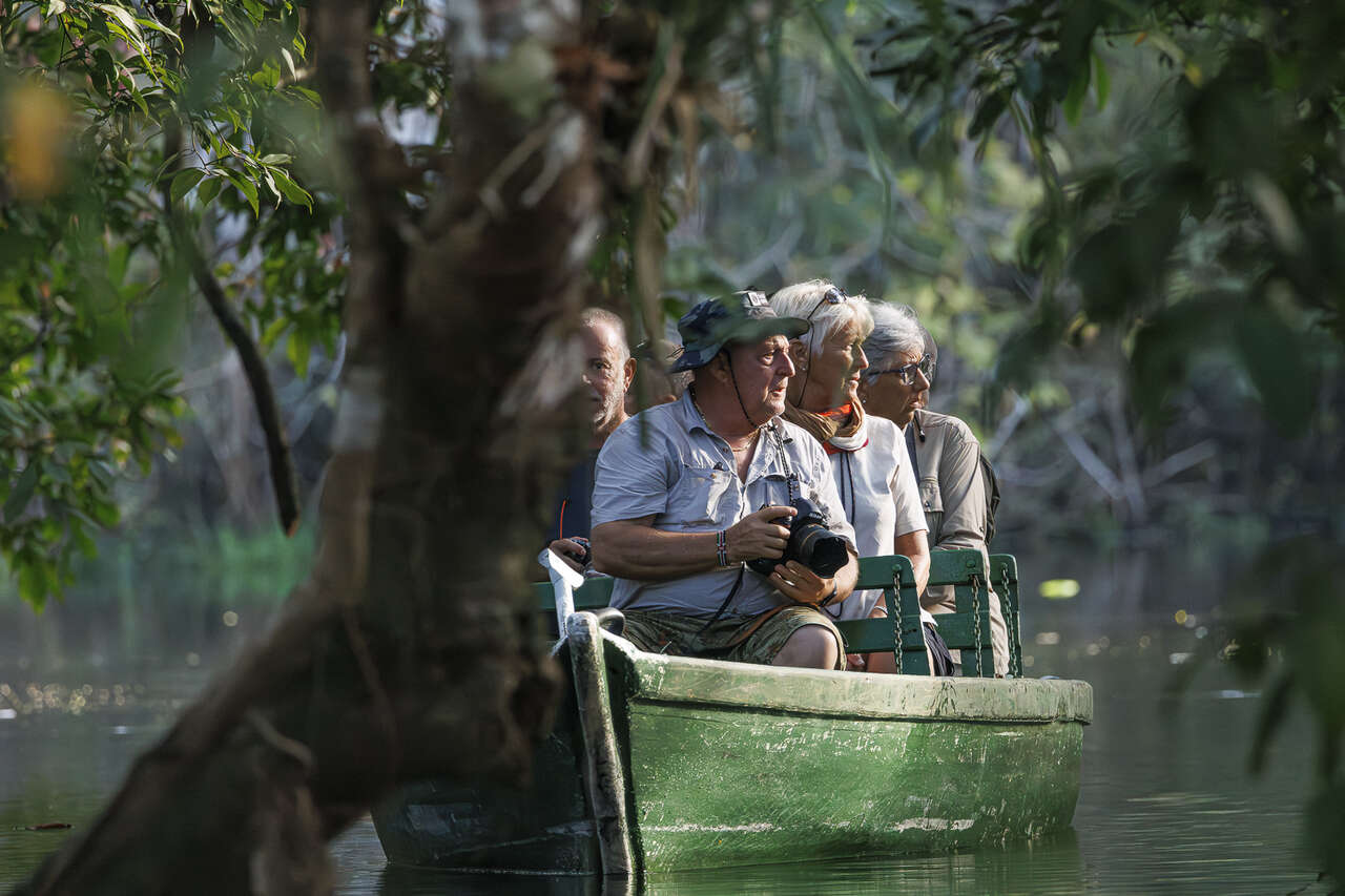 Voyageurs en pirogue à la découverte de la faune amazonienne